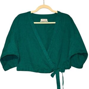Urban Outfitters Teal/Green Cotton & Linen Blend Cropped Wrap‎ Blouse size L